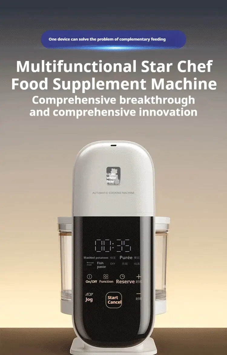 Cream multifunctional baby cooking machine in white and black featuring a star chef design, digital display, and two glass jars for versatile cooking machine use.