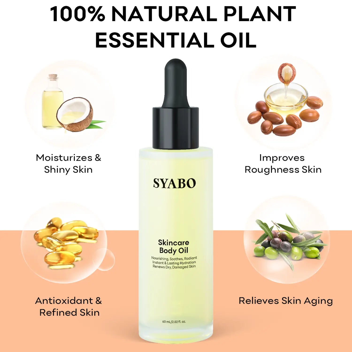 A clear glass bottle of Syabo skincare body care essential oils with a black dropper cap containing pale yellow liquid.