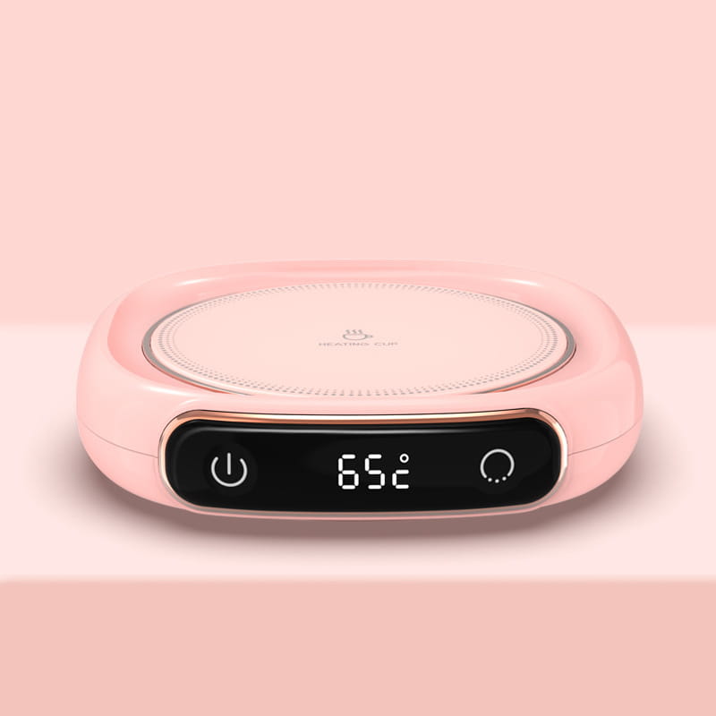 pink wireless milk heating insulation base desktop charger with digital display showing 65°c and power buttons for temperature control