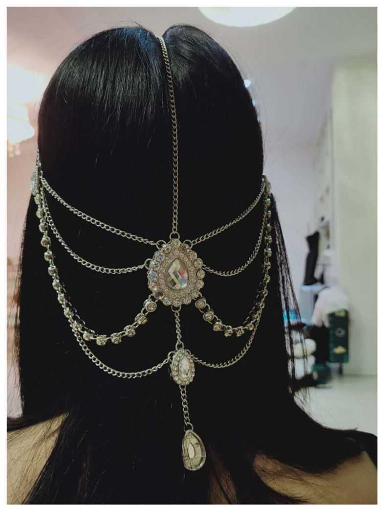 Silver chain ethnic purple crystal style headwear hair accessory featuring multiple dangling crystal-encrusted pendants and a central ornate oval centerpiece designed for elegant style headwear hair use.