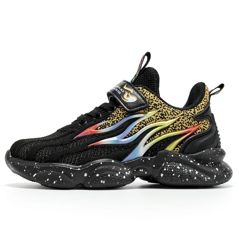 Black mesh boys sneakers fashion with a vibrant iridescent flame design in red blue and yellow on the side and a speckled black sole perfect for sneakers fashion mesh enthusiasts.