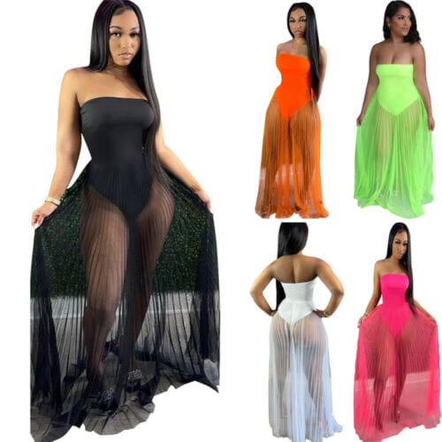 black strapless sheer maxi dress with a solid bodice and flowing translucent skirt featuring a sexy mesh wrapped chest design in neon green sexy mesh see-through material