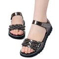 Beaded black fish mouth princess student sandals korean with glossy metallic strap and dark bead clusters on toe area