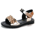Beaded black fish mouth princess student sandals Korean with metallic rose gold strap and pearl embellishments on toe area