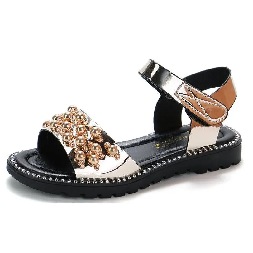 Beaded black fish mouth princess student sandals Korean with metallic rose gold strap and pearl embellishments on toe area