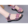 Pink metallic fish mouth princess sandals with chunky black sole and silver studs for student sandals korean style