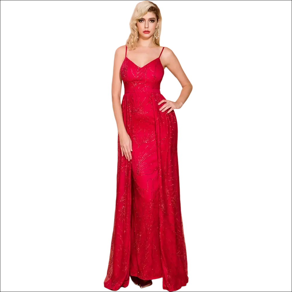 A vibrant red beaded evening gown with delicate lace detailing and a flattering v-neckline for luxury women’s fashion