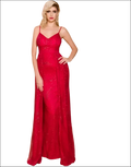 A vibrant red beaded evening gown with delicate lace detailing and thin spaghetti straps for luxury women’s fashion