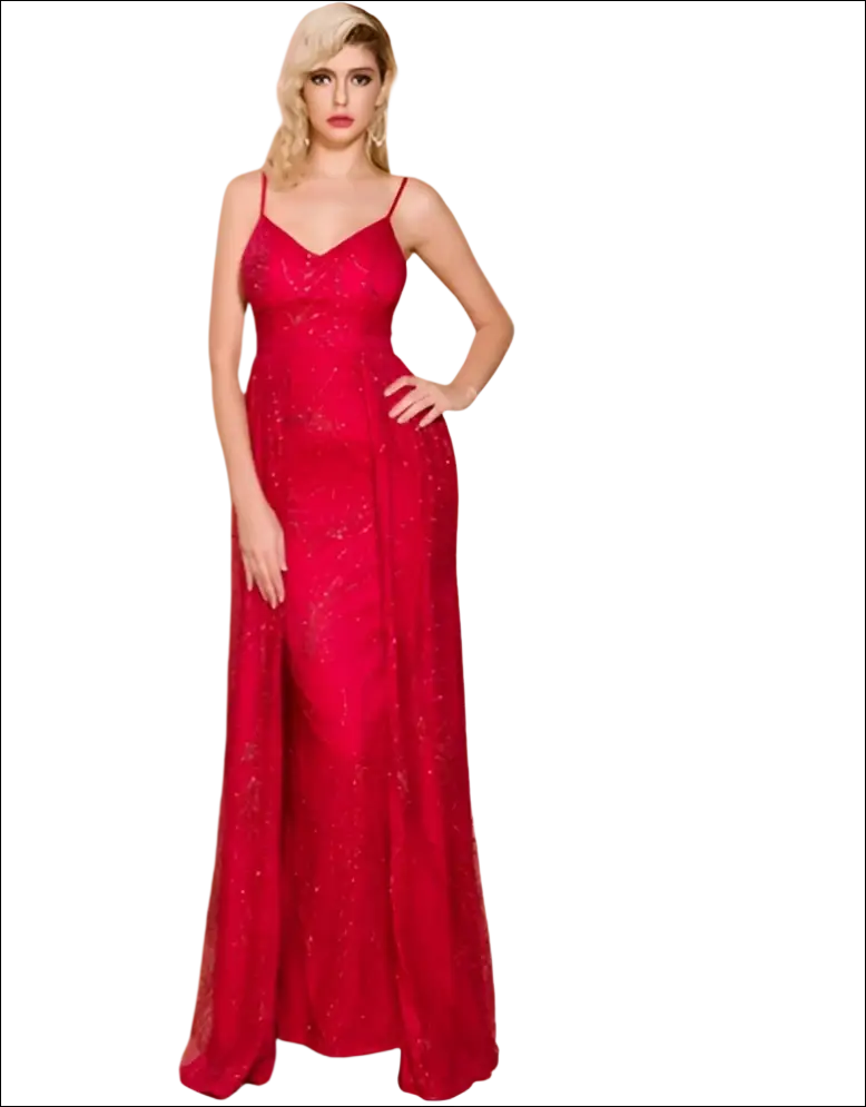 A vibrant red beaded evening gown with delicate lace detailing and thin spaghetti straps for luxury women’s fashion