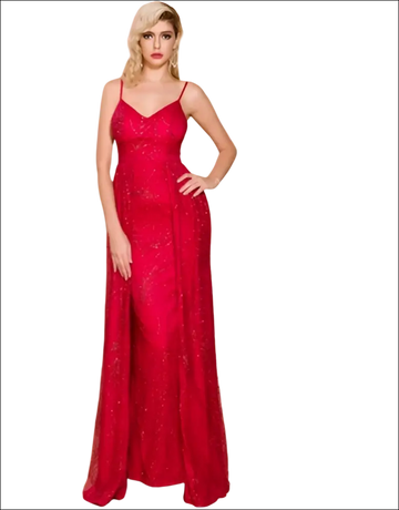 A vibrant red beaded evening gown with delicate lace detailing and thin spaghetti straps for luxury women’s fashion