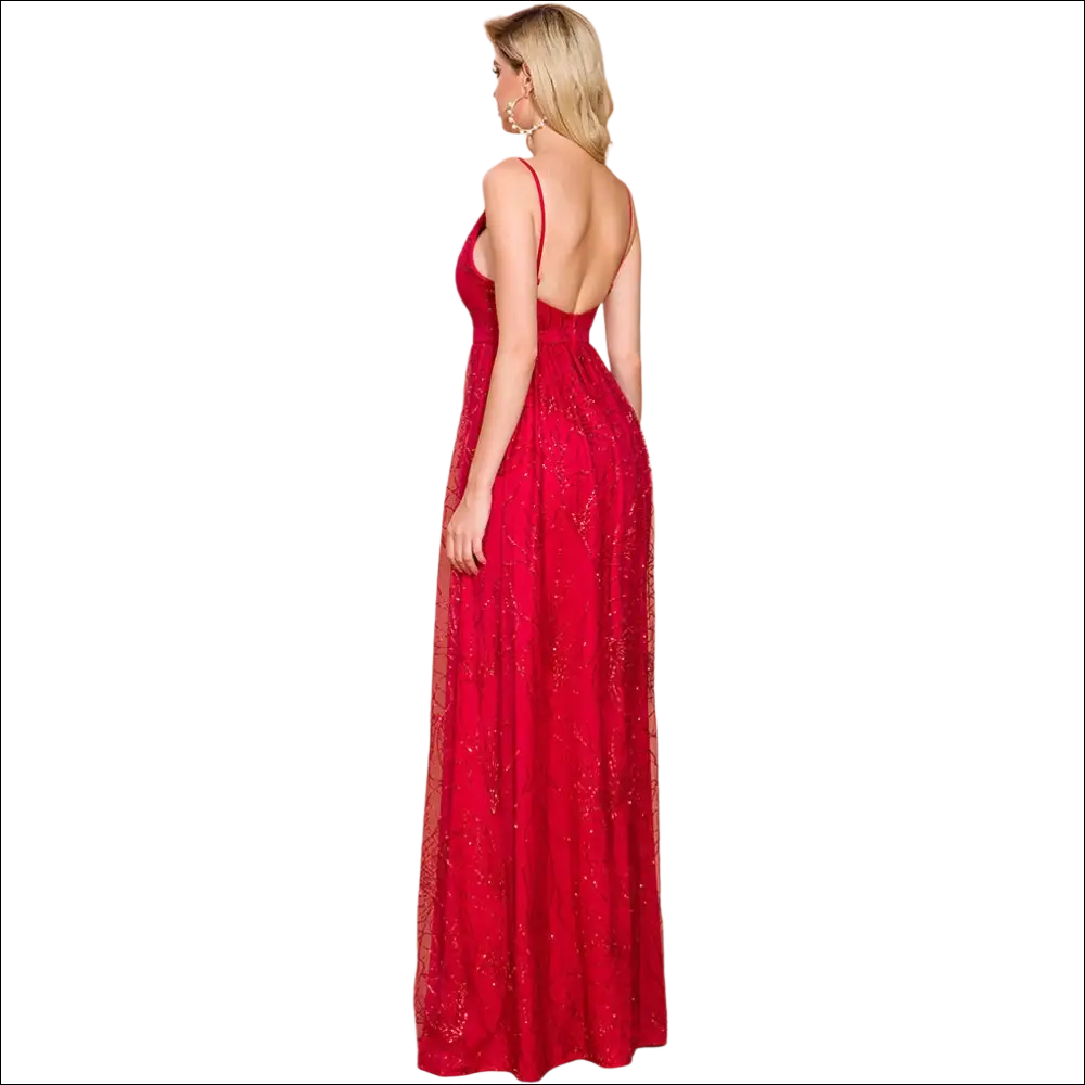 A vibrant red beaded evening gown with delicate lace detailing and thin spaghetti straps for luxury women’s fashion