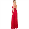 A vibrant red beaded evening gown with delicate lace and backless design ideal for luxury women’s fashion events