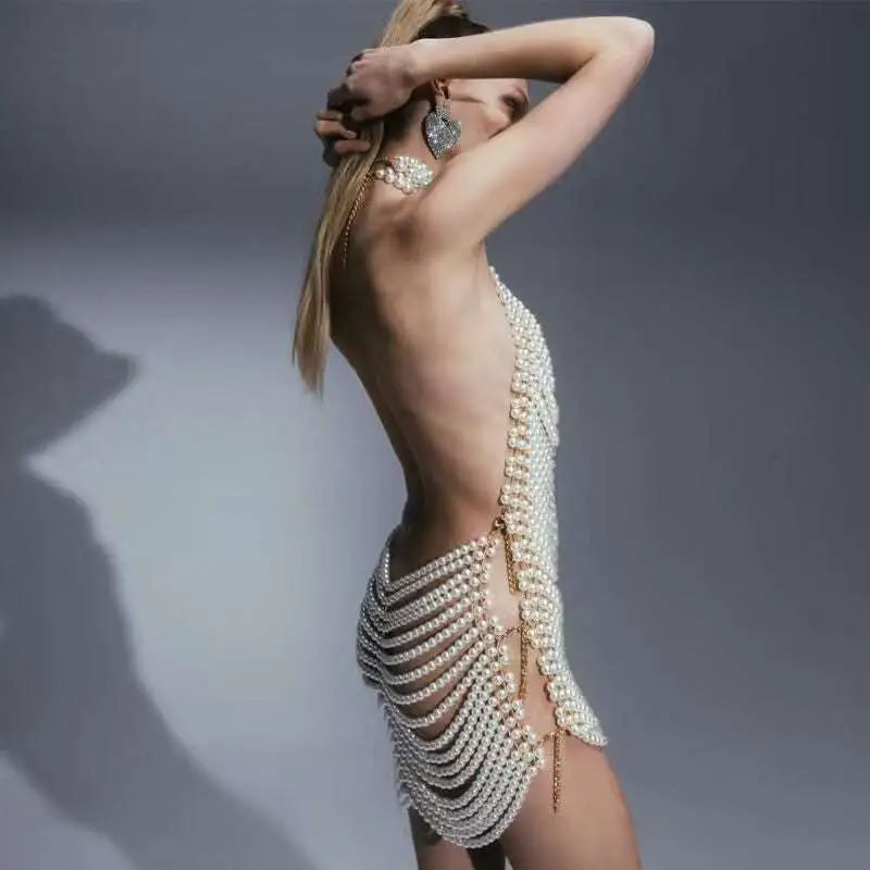 White shimmering beaded halter fashion party pearl chain dress with cascading pearls on back and sides for banquet wear