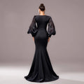 Elegant black satin fishtail gown with beaded long sleeve and sheer puffy round neck design