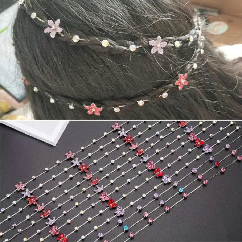 Beaded pink floral wedding hair accessories featuring a delicate silver chain with sparkling pink and red floral charms