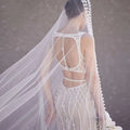 White beaded wedding gown with detailed lattice back and beaded trailing yarn wedding bridal veil with broadband hair comb