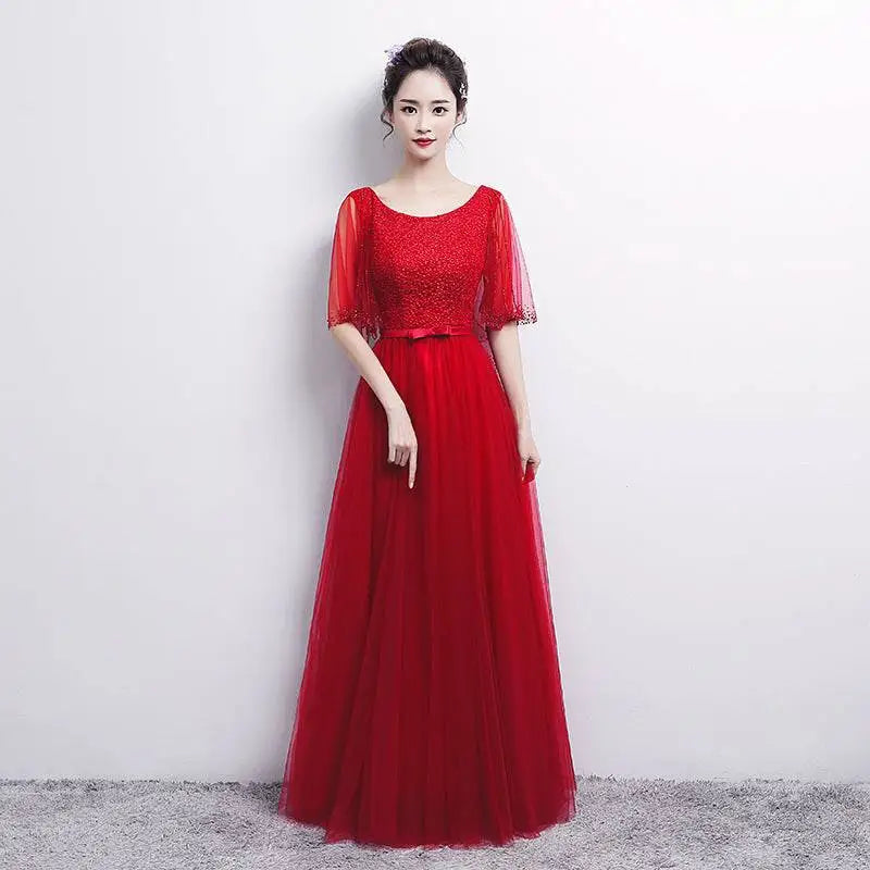 Elegant beaded white tulle banquet evening dress with sheer three-quarter sleeves and flowing skirt for dress female spring