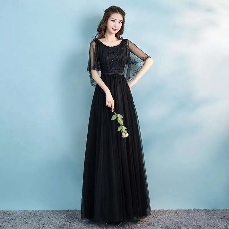 Black lace and beaded white tulle banquet evening dress with sheer sleeves for dress female spring events
