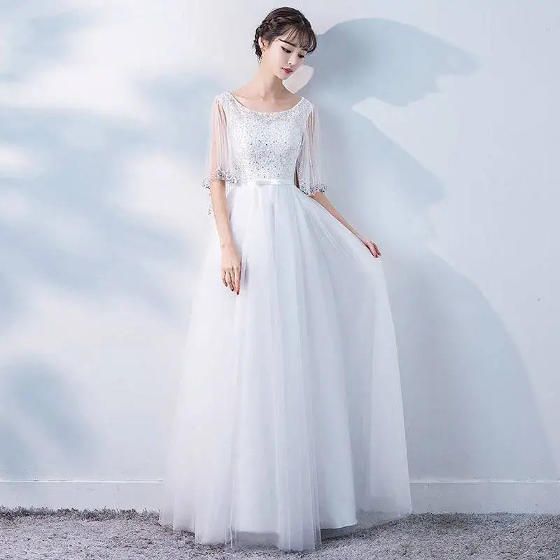 Elegant beaded white tulle banquet evening dress with sheer three-quarter sleeves and flowing skirt for dress female spring