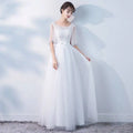 Elegant beaded white tulle banquet evening dress with sheer three-quarter sleeves and flowing skirt for dress female spring