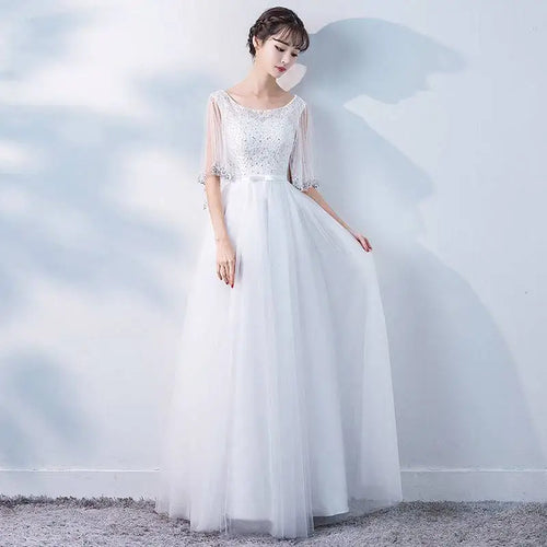 Elegant beaded white tulle banquet evening dress with sheer three-quarter sleeves and flowing skirt for dress female spring
