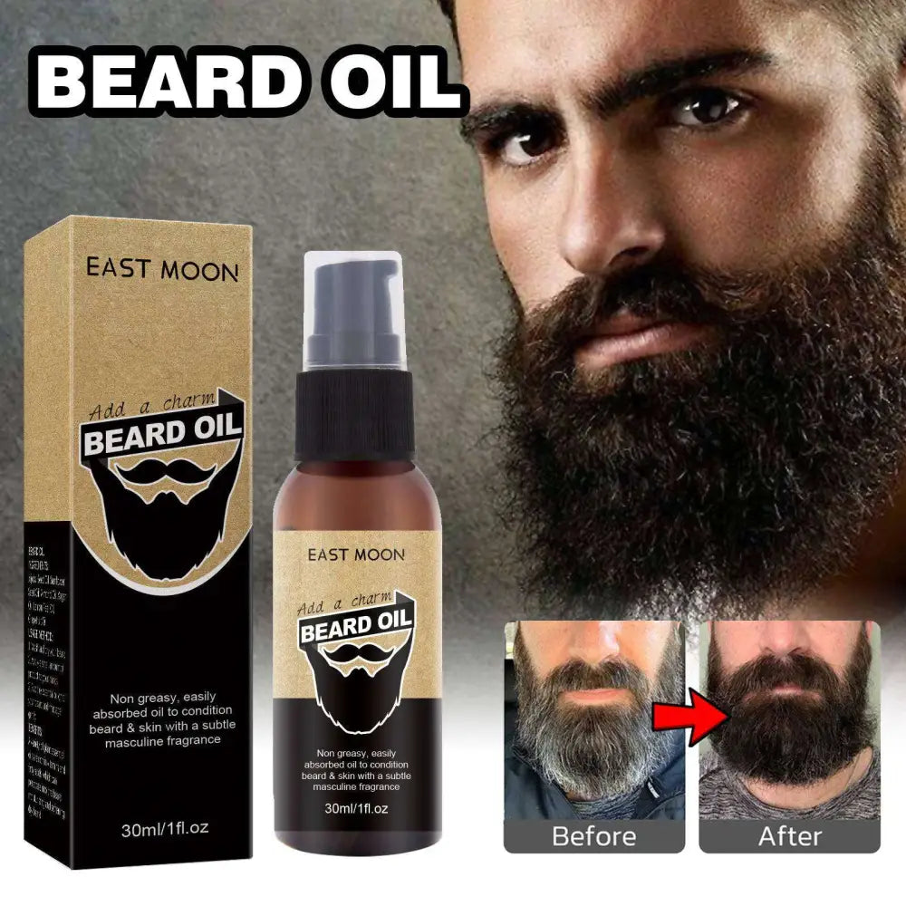 East moon beard care oil in brown glass bottle with black pump and jojoba seed oil in matching cardboard box