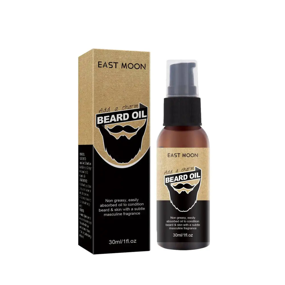 East moon beard care oil in brown glass bottle with black pump and matching cardboard box for styling and moisturizing