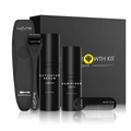 Luxfume beard growth kit with black cylindrical activator serum bottles, sleek black dermaroller, and matching comb