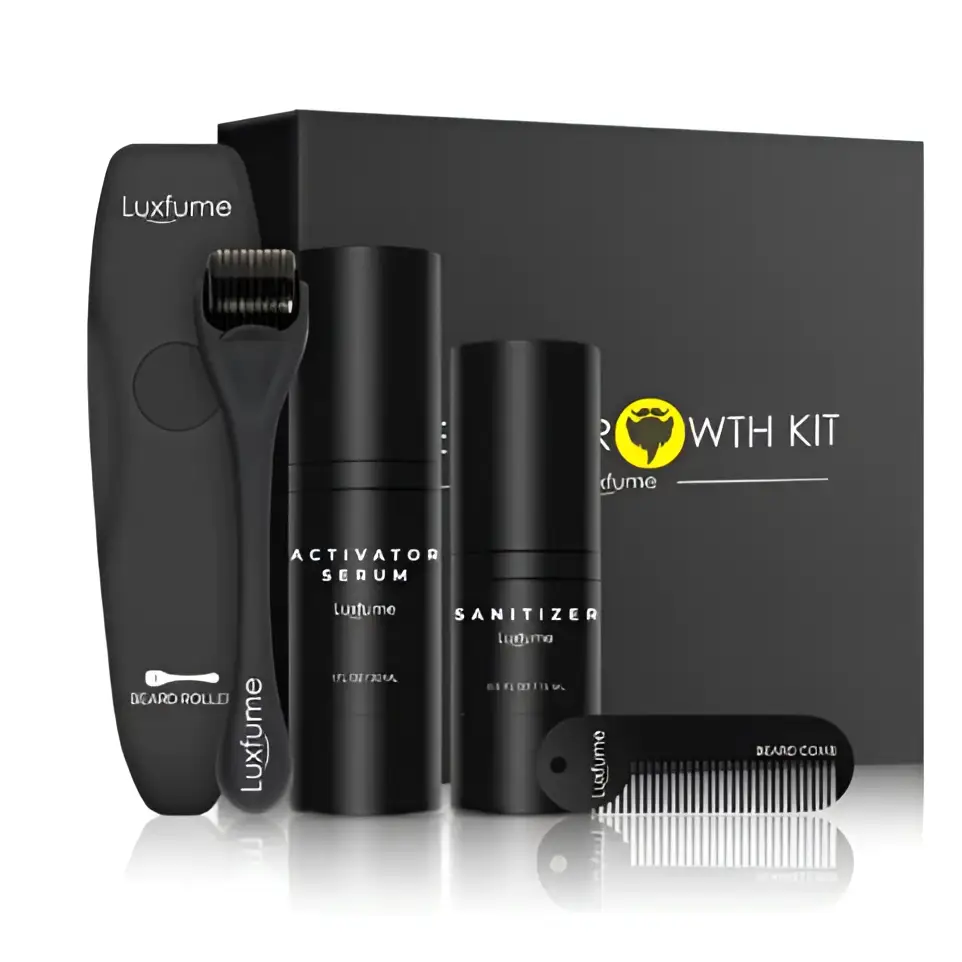 Luxfume beard growth kit with black cylindrical activator serum bottles, sleek black dermaroller, and matching comb