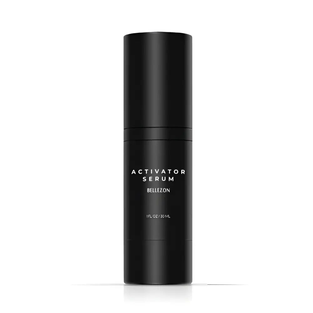 Black Bellezon beard activator serum bottle with matte finish and white label from beard growth kit with dermaroller