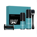 Luxumie beard growth kit with teal black box includes activator serum beard fresh spray comb and black handled derma roller