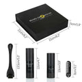 Black bellezon beard growth kit with activator serum and dermaroller in a black rectangular box 21cm by 21cm by 5cm