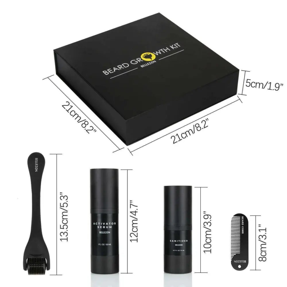 Black bellezon beard growth kit with activator serum and dermaroller in a black rectangular box 21cm by 21cm by 5cm