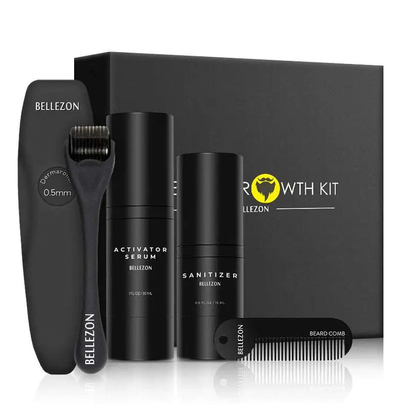 Black bellezon beard growth kit with electric derma roller, activator serum, sanitizer, and matching comb for grooming
