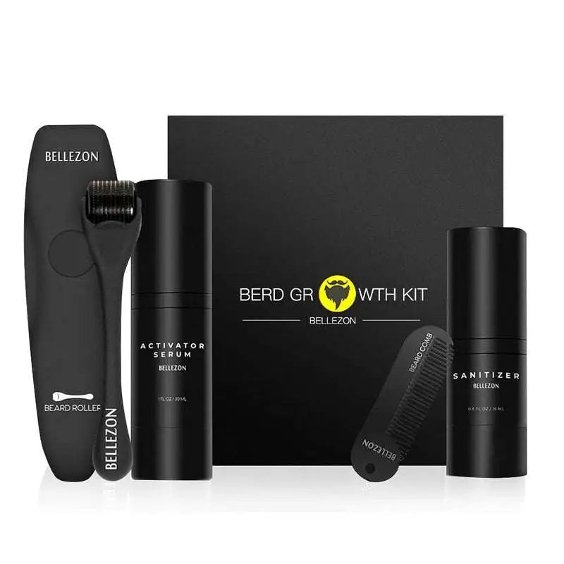 Black bellezon beard growth kit with activator serum roller sanitizer and comb for optimal beard care and growth