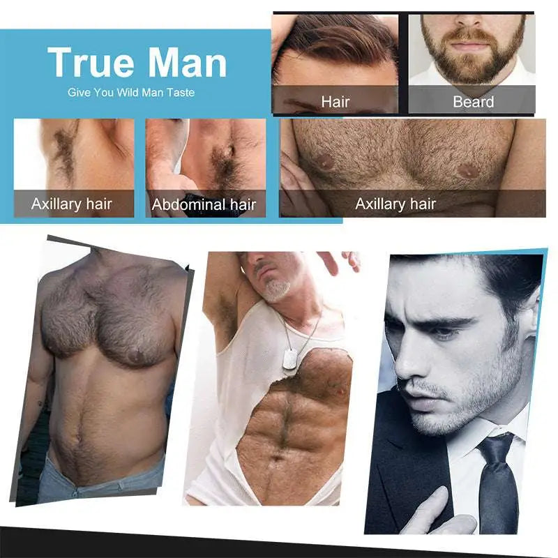 The beard growth kit with activator serum and dermaroller shows a collage of men’s facial and chest hair for black bellezon beard