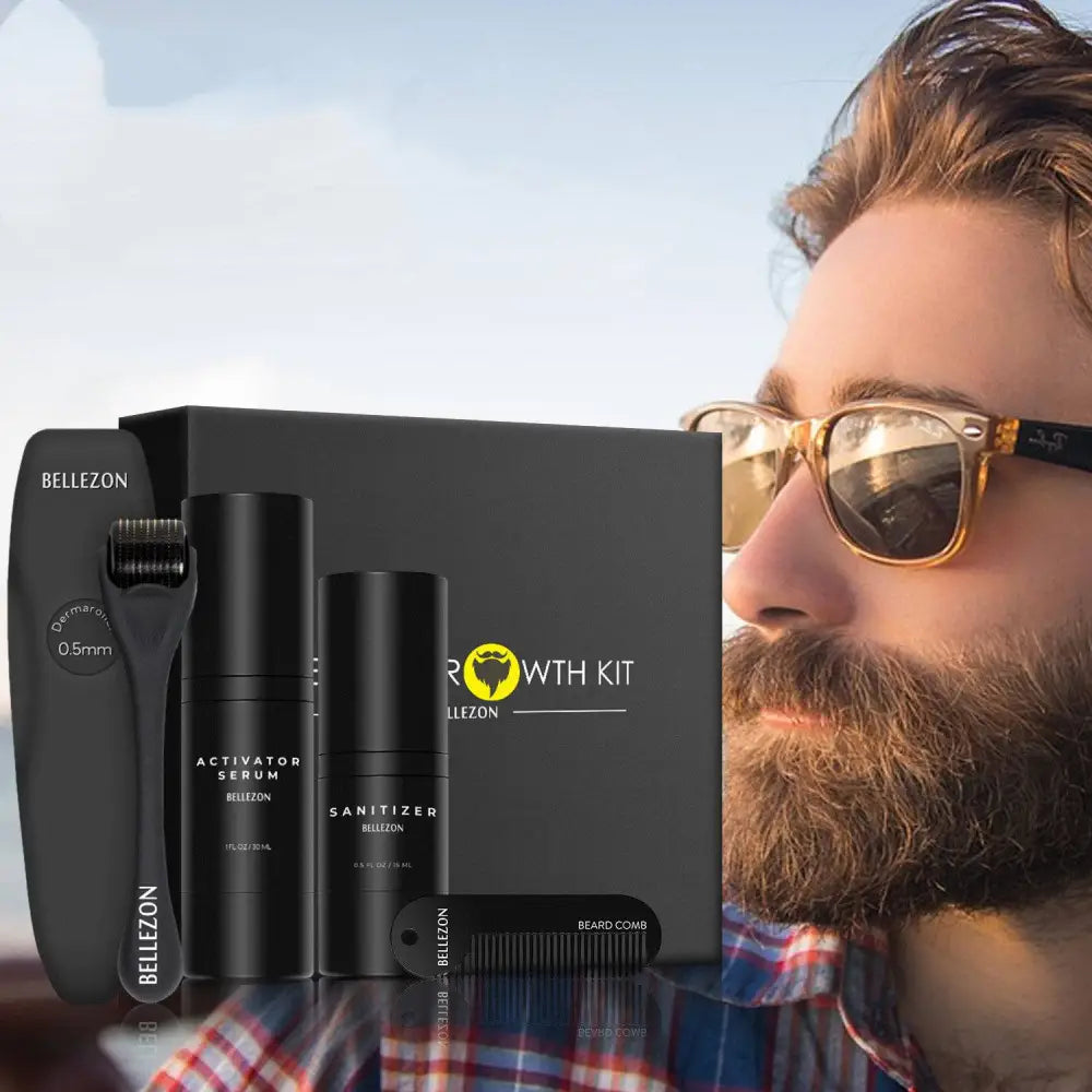 Black bellezon beard growth kit with activator serum dermaroller sanitizer and comb for beard growth care