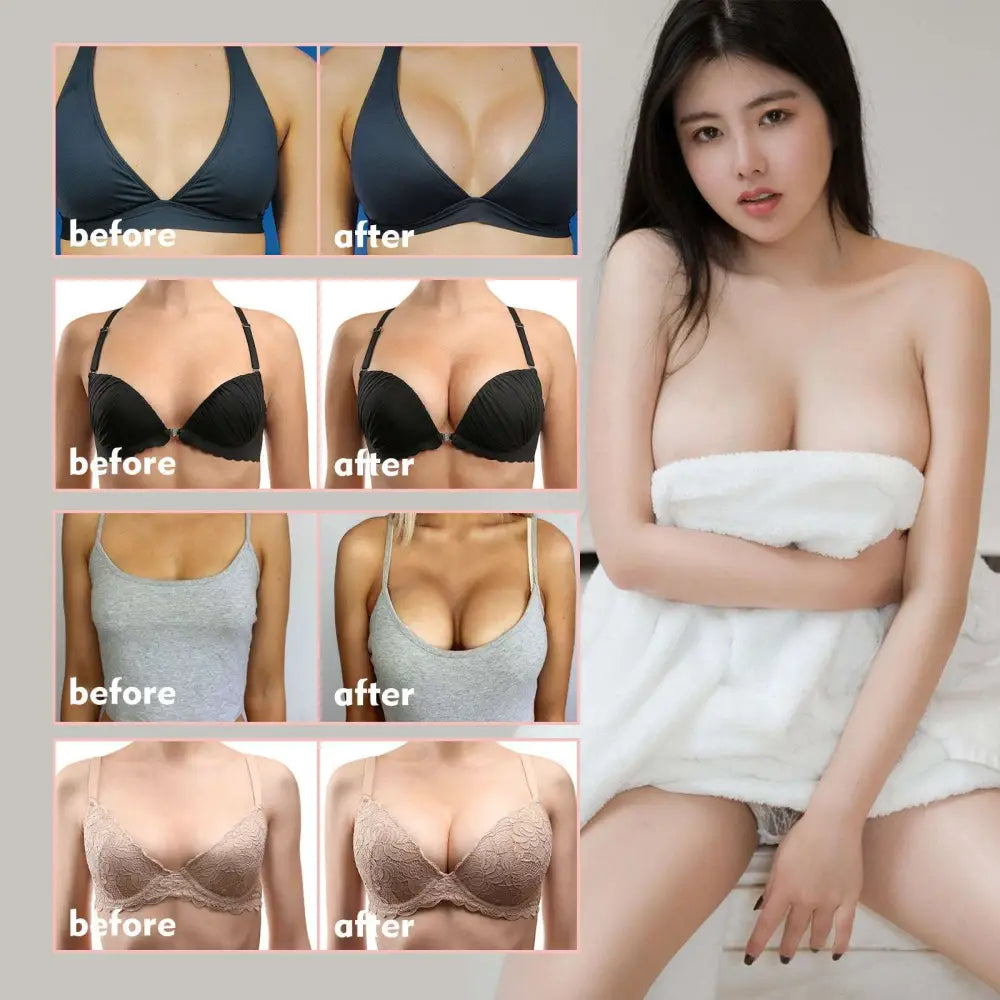Black, black lace, and beige lace bras with thin straps shown in before-and-after for beauty ball essential breast firming massage