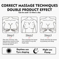Instruction diagram for beauty ball essential oils breast firming massage showing three steps for daytime shaping and nighttime plump use