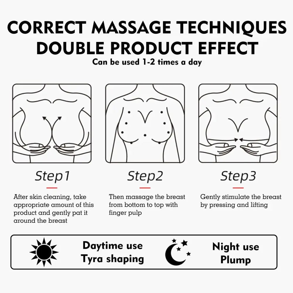 Instruction diagram for beauty ball essential oils breast firming massage showing three steps for daytime shaping and nighttime plump use