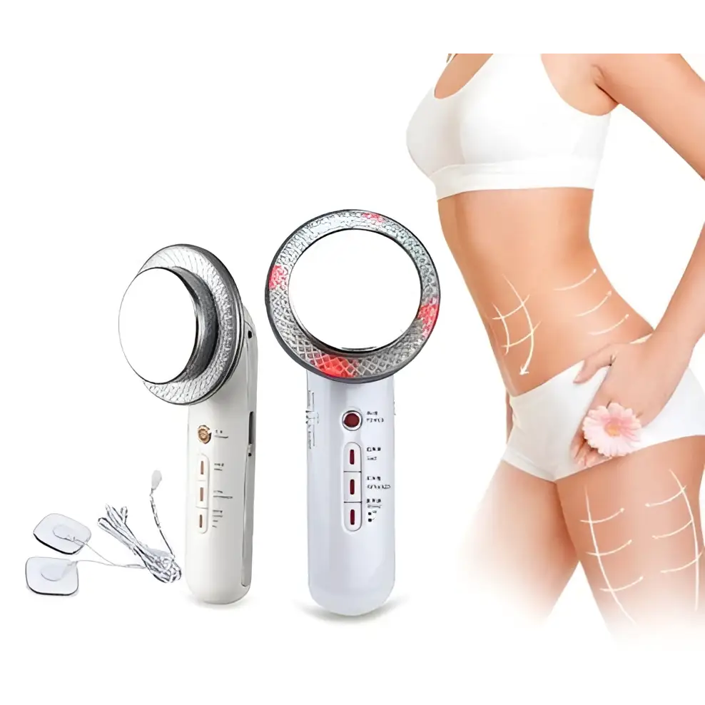 White handheld ultrasound massager slimming device with circular head and red led lights for beauty care slimming