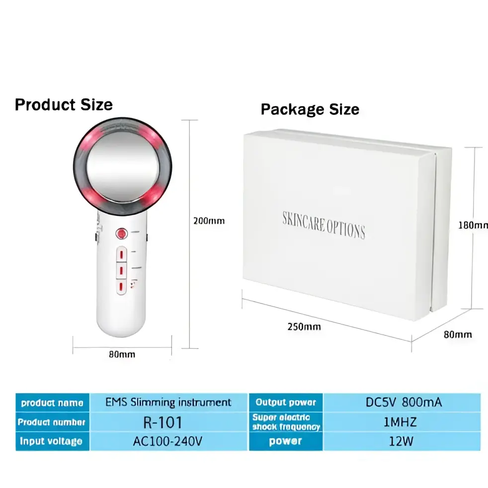White beauty care slimming handheld ultrasound massager with circular mirror head, red led lights, and control buttons