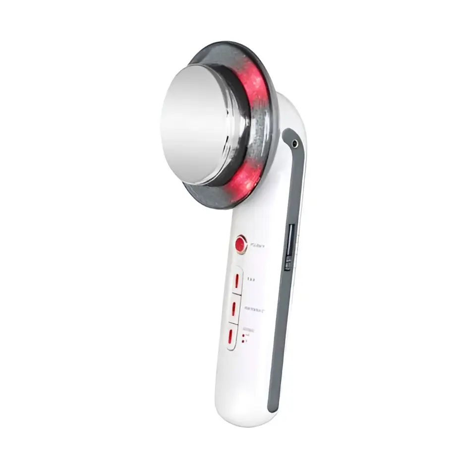 White and silver beauty care slimming handheld ultrasound massager with red led lights around circular treatment head