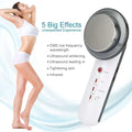 White and silver beauty care slimming handheld ultrasound massager with a circular treatment head featuring textured dots