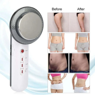 White and silver handheld ultrasound massager slimming device with circular textured treatment head for beauty care slimming
