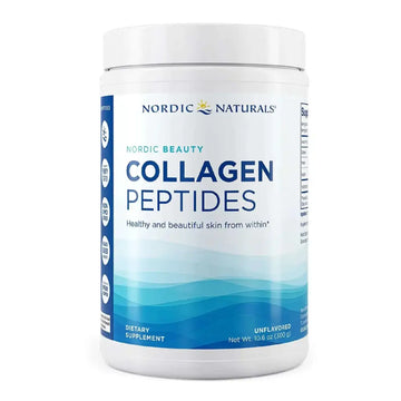 White cylindrical container of nordic naturals beauty collagen peptides with blue ocean wave label marine collagen unflavored 10.6oz