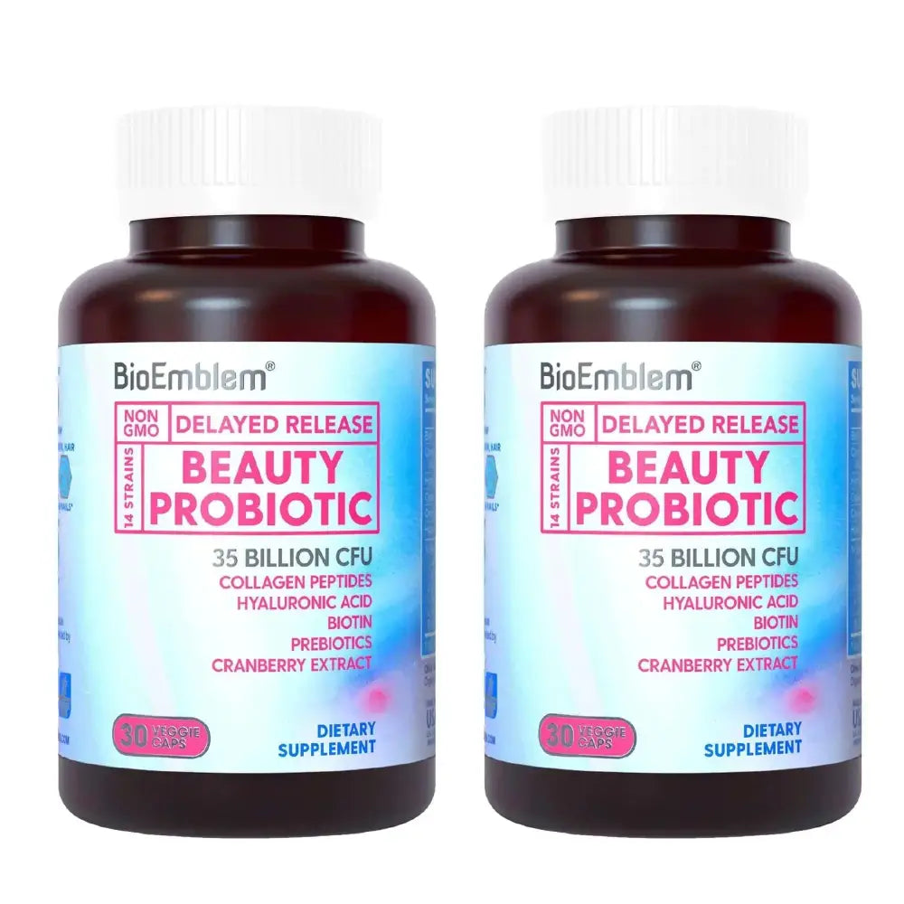 Two dark brown bioemblem beauty probiotic bottles with white caps and blue labels for vaginal flora balance and shelf stable use