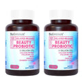 Two dark brown bioemblem beauty probiotic bottles with white caps and blue labels for vaginal flora balance and shelf stable use