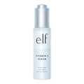 A sleek translucent light blue bottle with silver pump and black e.l.f. branding for beauty shield vitamin c pollution prevention serum