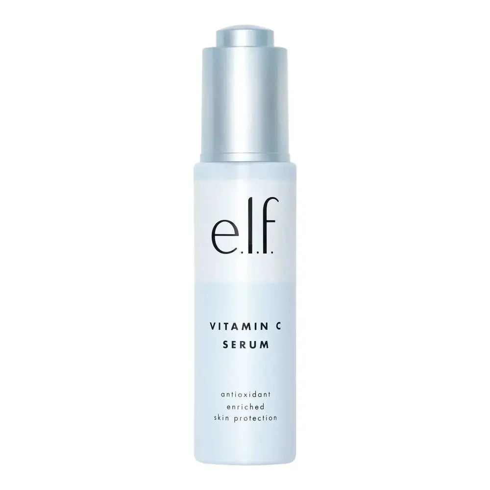 A sleek translucent light blue bottle with silver pump top and elf branding for beauty shield vitamin c pollution prevention serum